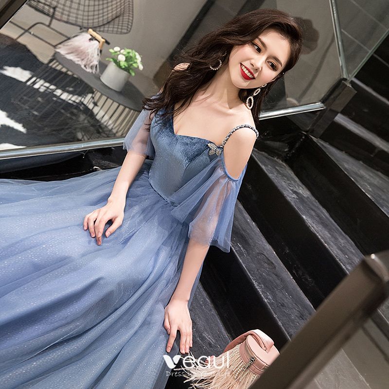 Elegant Sky Blue Prom Dresses 2019 A-Line / Princess Suede Spaghetti ...