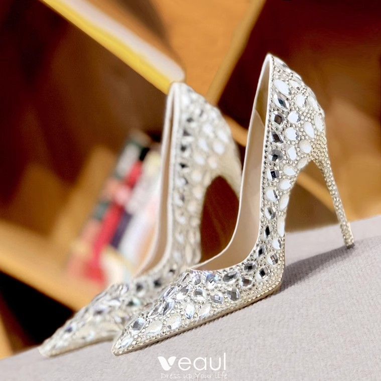 Luxury Crystal Wedding Shoes for Women Pointed Toe Cinderella Heels Shoes  Rhinestone High Heels Shoes Sequin White Wedding Shoes - AliExpress