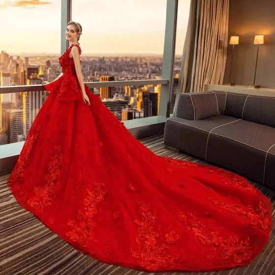 Chic / Beautiful Red Wedding Dresses 2019 Ball Gown Scoop Neck Lace ...