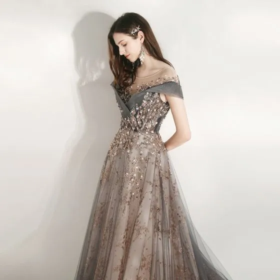 Illusion Grey Prom Dresses 2021 A-Line / Princess See-through Scoop ...