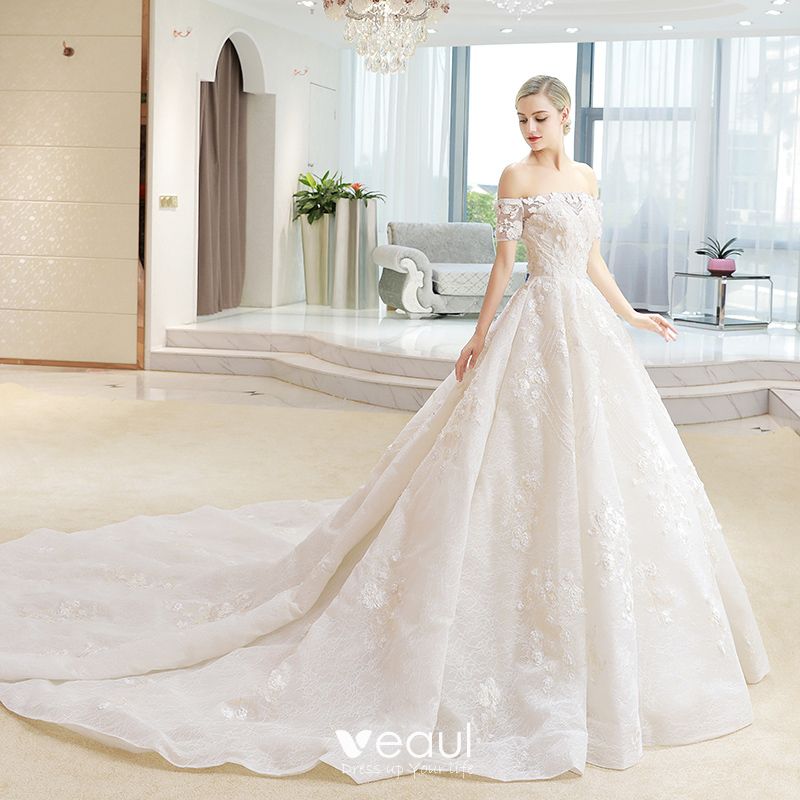 Luxury / Gorgeous Champagne Wedding Dresses 2018 Ball Gown Lace Flower ...