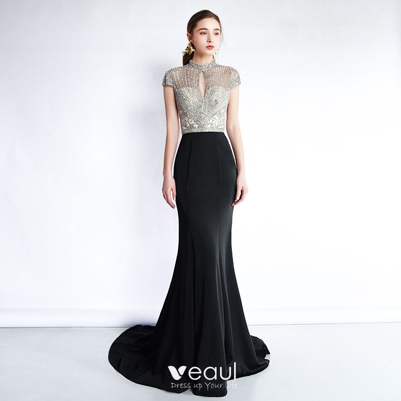 Trumpet Mermaid Prom Dresses Scoop Black Beading Long Prom Dress Eveni Amyprom