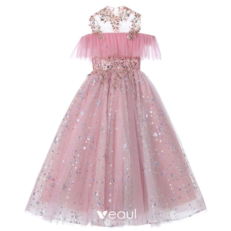 Chic Beautiful Candy Pink Beading Sequins Birthday Flower Girl Dresses 2022  Ball Gown