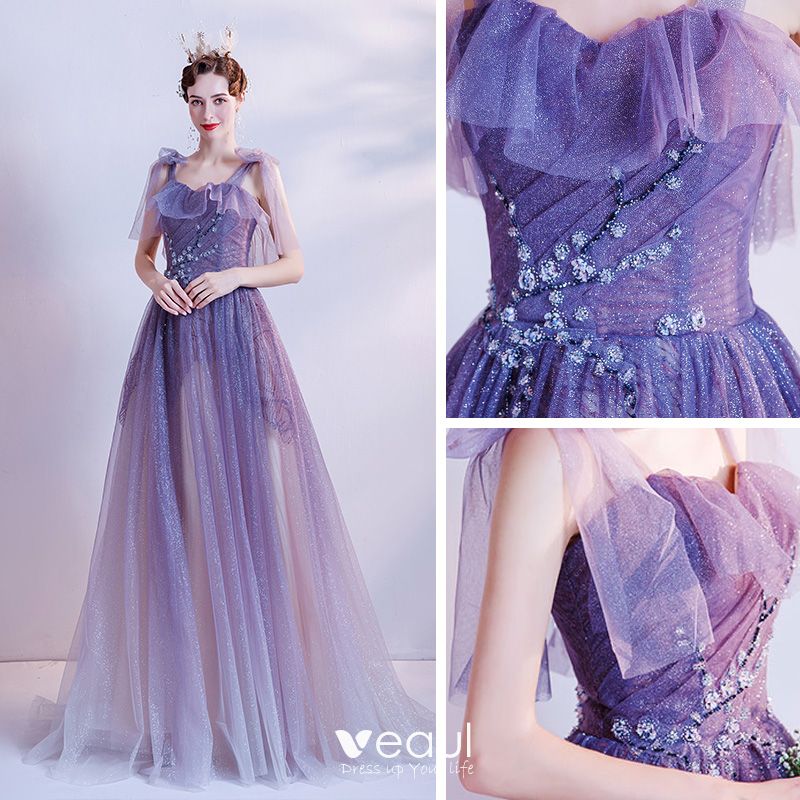 Freebird Sparkly Prom Dresses, Purple Prom Dresses, Robes de Cocktail, Off The Shoulder Prom Dresses, Long Sleeve Prom Dresses, Tulle Prom Dress, A Line