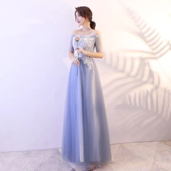 Affordable Sky Blue Prom Dresses 2018 A-Line / Princess Lace Sequins ...