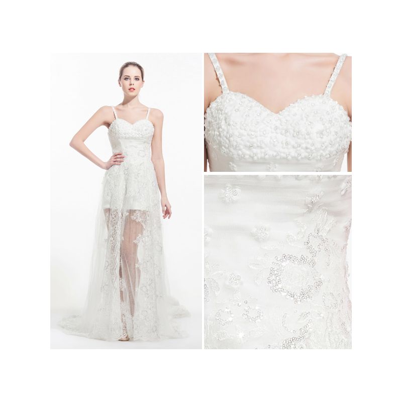 2015 Asymmetrical Appliques Lace Royal Train Short Wedding