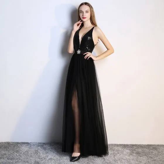 Sexy Black Evening Dresses 2019 A-Line / Princess Rhinestone Sequins V ...