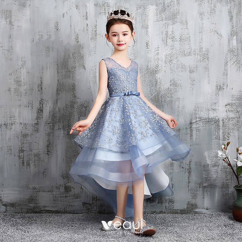 High Low Sky Blue Birthday Flower Girl Dresses 2020 A-Line / Princess V ...