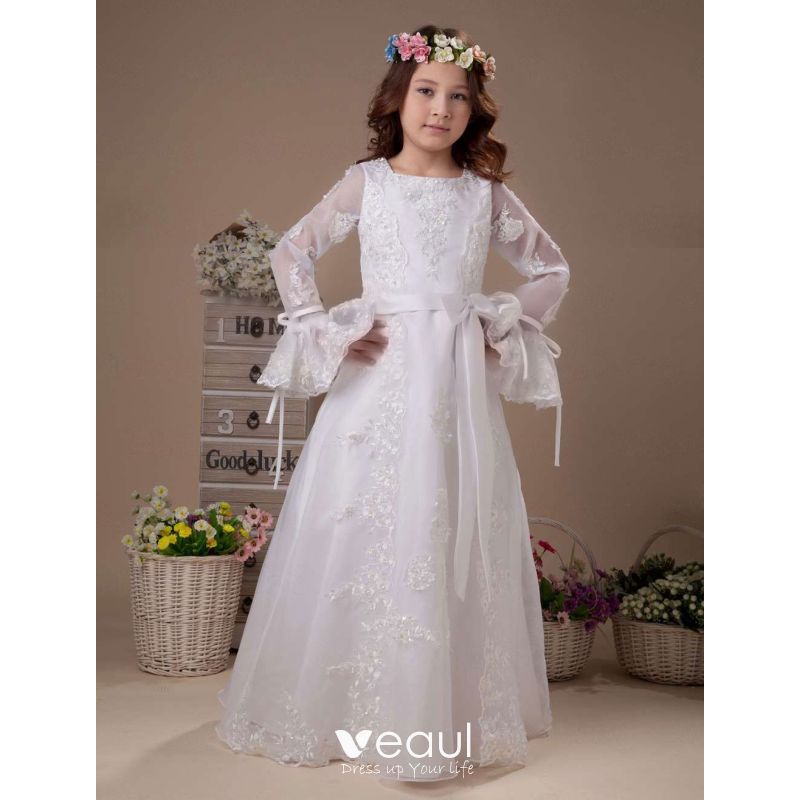 long sleeve white flower girl dress