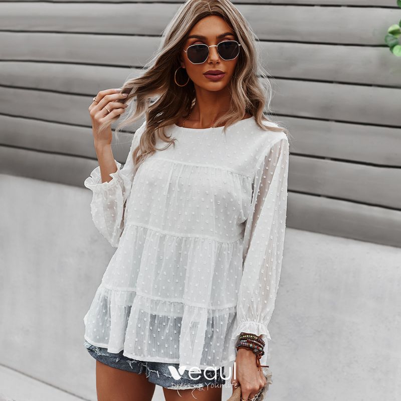 suppe have pust Chic / Beautiful Fall Winter Casual White Blouses 2021 Scoop Neck Long  Sleeve Regular Women Tops