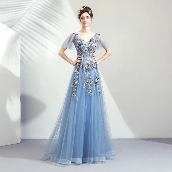 Elegant Sky Blue Prom Dresses 2019 A-Line / Princess V-Neck Appliques ...