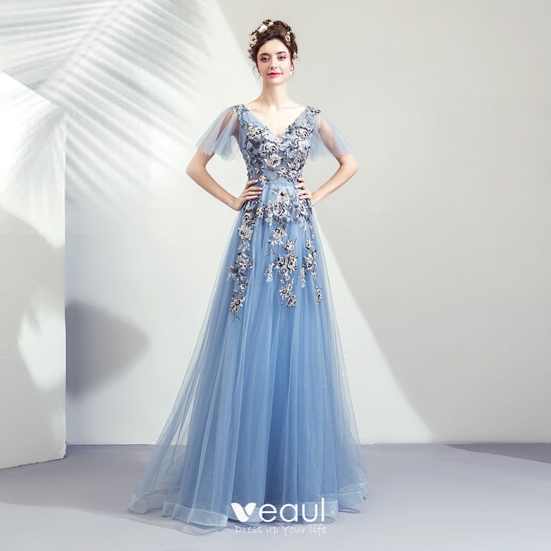 Elegant Sky Blue Prom Dresses 2019 A-Line / Princess V-Neck Appliques ...
