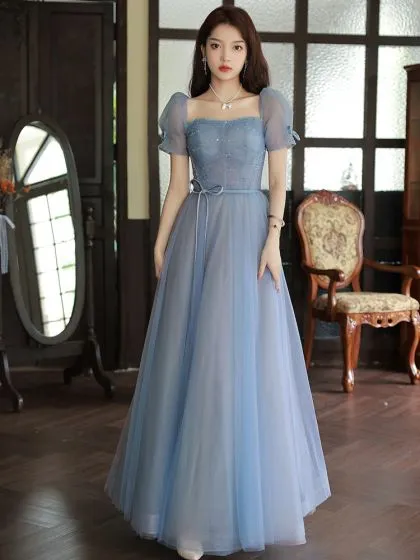 Modest / Simple Sky Blue Prom Dresses 2023 A-Line / Princess Square ...