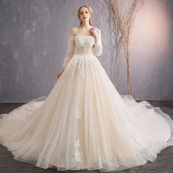 Audrey Hepburn Style Champagne Wedding Dresses 2019 Ball Gown 3/4 ...