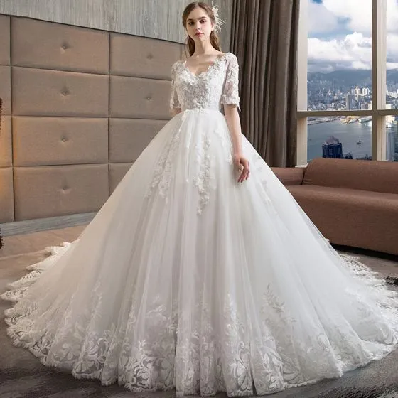 Chic Beautiful White Wedding Dresses 2018 A Line Princess V Neck Chic Beautiful White Wedding Dresses 2018 A Line Princess V Neck 1 2 Sleeves Backless Liques Lace Pearl Ruffle Cathedral Train