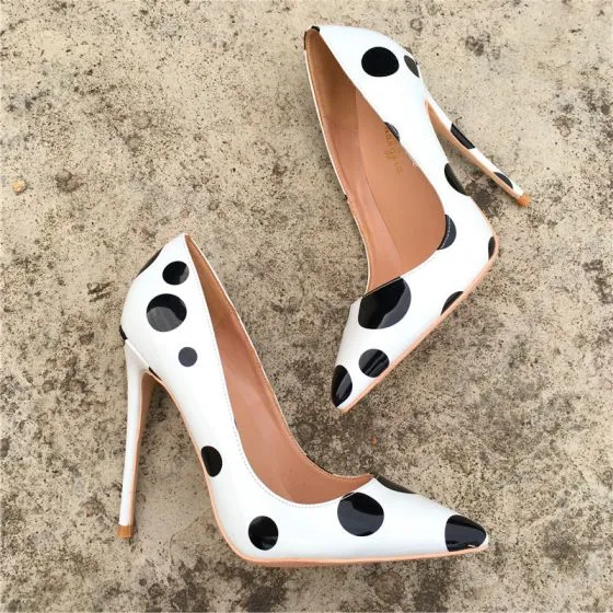 Chic / Beautiful White Dating Pumps 2019 Black Spotted Leather 12 cm ...