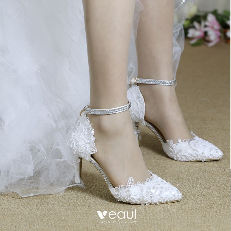 Chic / Beautiful White Wedding Shoes 2019 Lace Sequins Ankle Strap 8 cm ...