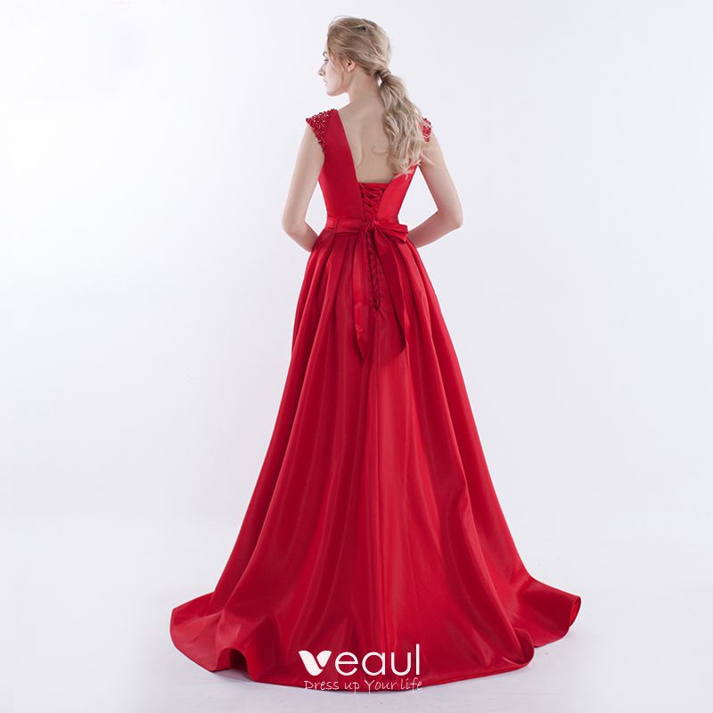 Chic Beautiful Red Evening Dresses 2017 A Line Princess Beading Bow Backless Scoop Neck 6139