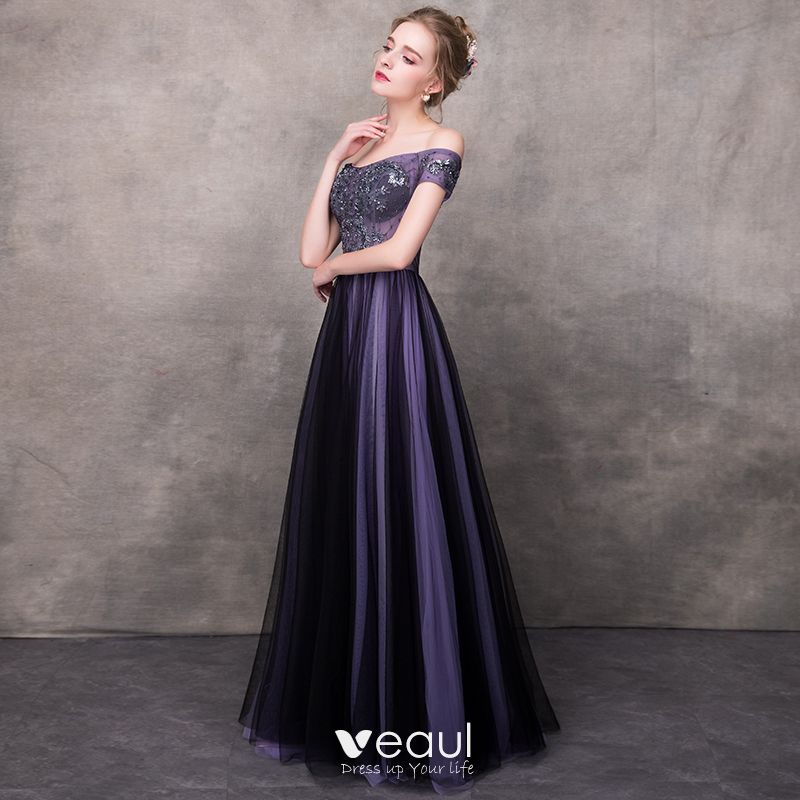 Elegantes Uva Vestidos de noche 2018 A Line Princess Fuera Del