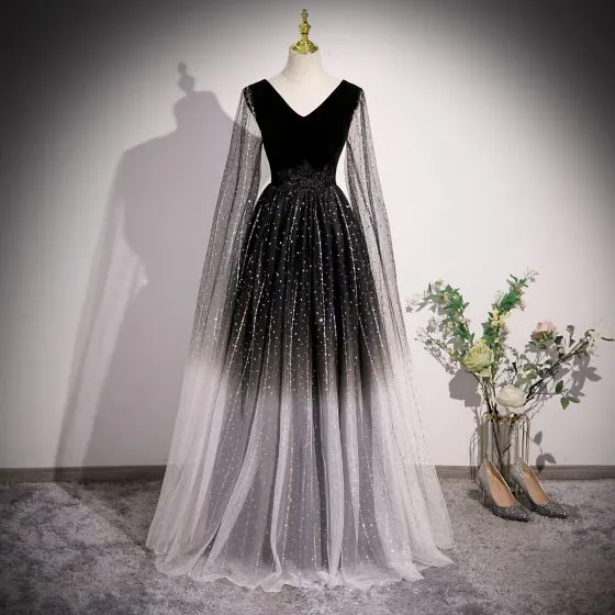 Bling Bling Black Gradient-Color Rhinestone Sequins Prom Dresses 2023 A-Line  / Princess V-Neck Long Sleeve Backless Floor-Length / Long Formal Dresses