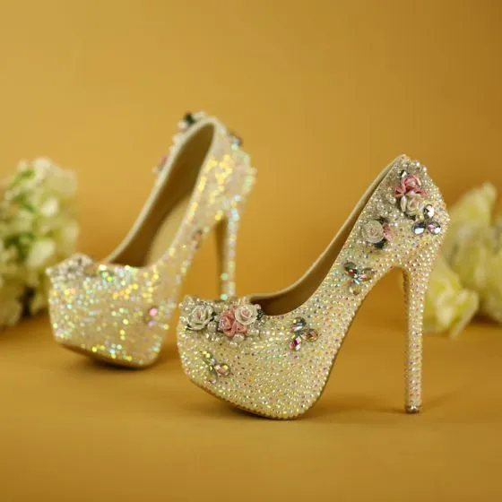 Charming White Crystal Wedding Shoes 2019 Pearl Rhinestone 14 cm ...