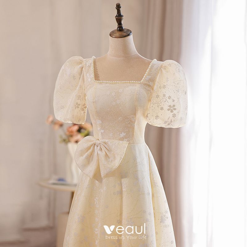 Elegant Champagne Lace Flower Prom Dresses 2022 A-Line / Princess Pearl ...