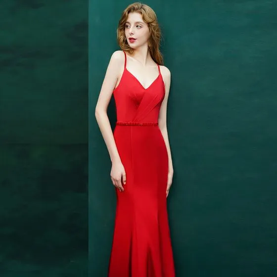 Sexy Red Evening Dresses 2019 Trumpet / Mermaid Crystal Spaghetti ...