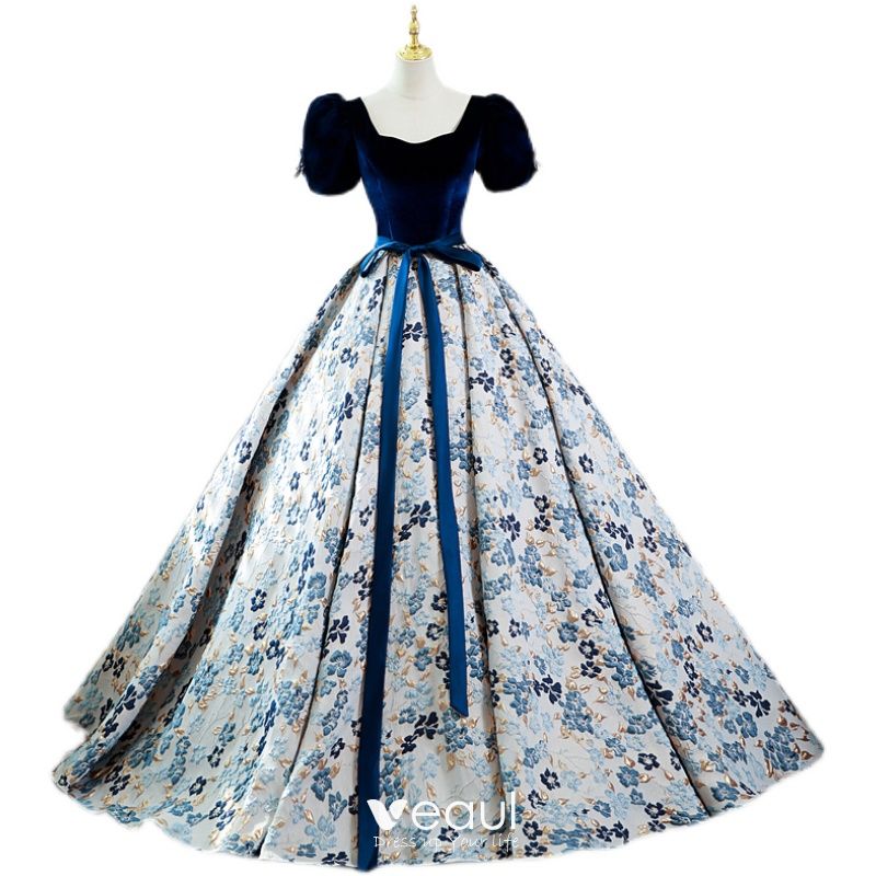 Elegant Navy Blue Floral Prom Dresses 2022 Ball Gown Square Neckline ...