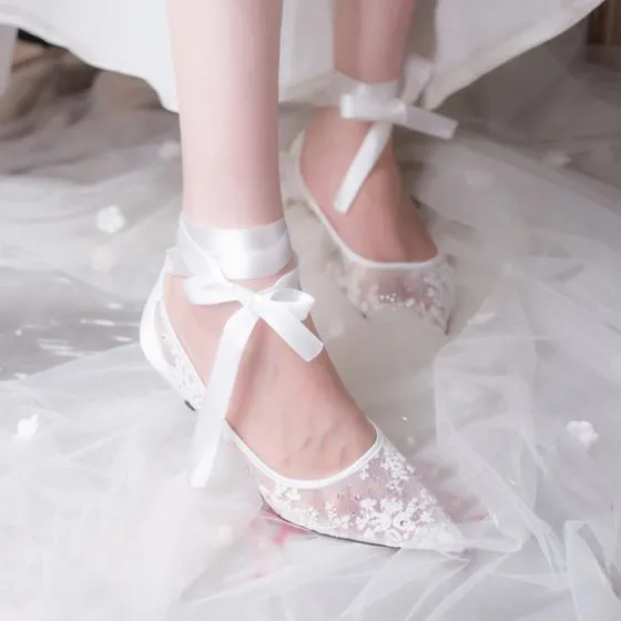 Chic / Beautiful Ivory Wedding Shoes 2018 Lace Rhinestone 8 cm Stiletto ...
