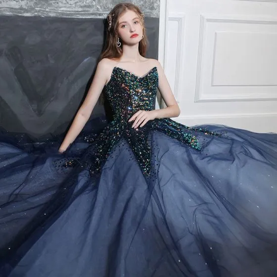 Sparkly Navy Blue Dancing Prom Dresses 2021 A-Line / Princess Off-The ...