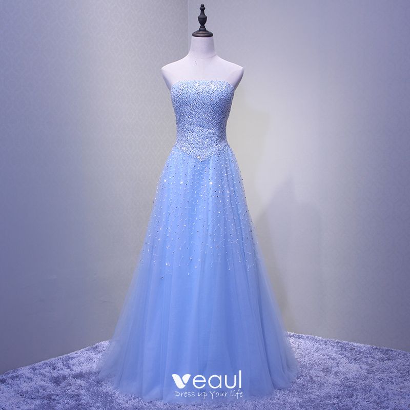 light blue strapless prom dress