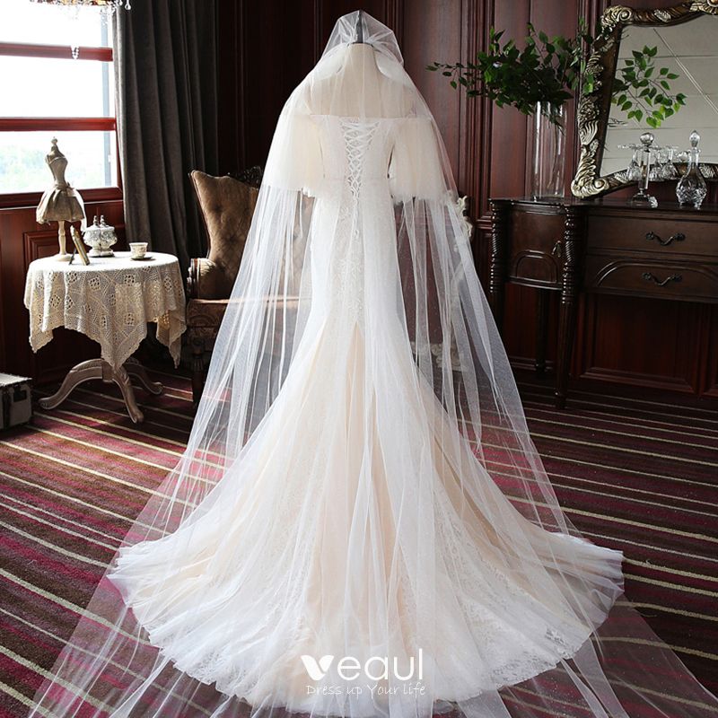 High-end Champagne Lace Wedding Dresses 2020 Trumpet / Mermaid Off-The ...