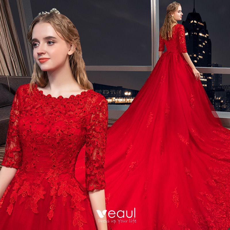 red wedding gowns with sleeves