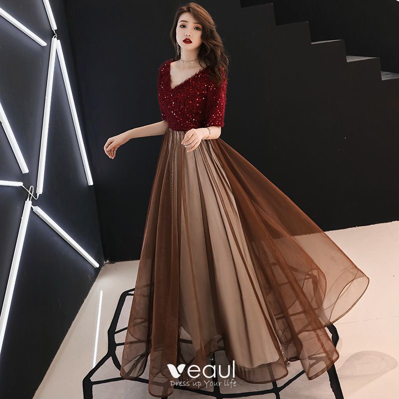 Modern / Fashion Burgundy Evening Dresses 2019 A-Line / Princess V-Neck ...
