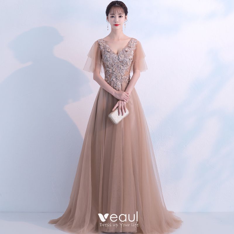 Elegant Khaki Evening Dresses 2018 A-Line / Princess V-Neck Short ...