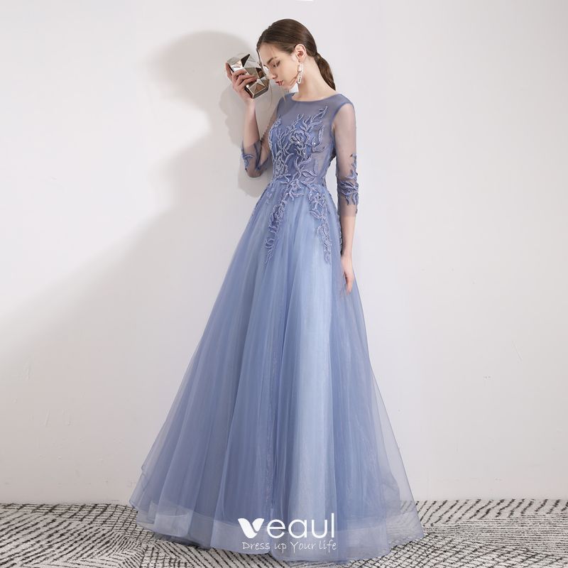 Chic / Beautiful Sky Blue Evening Dresses 2019 A-Line / Princess Scoop ...