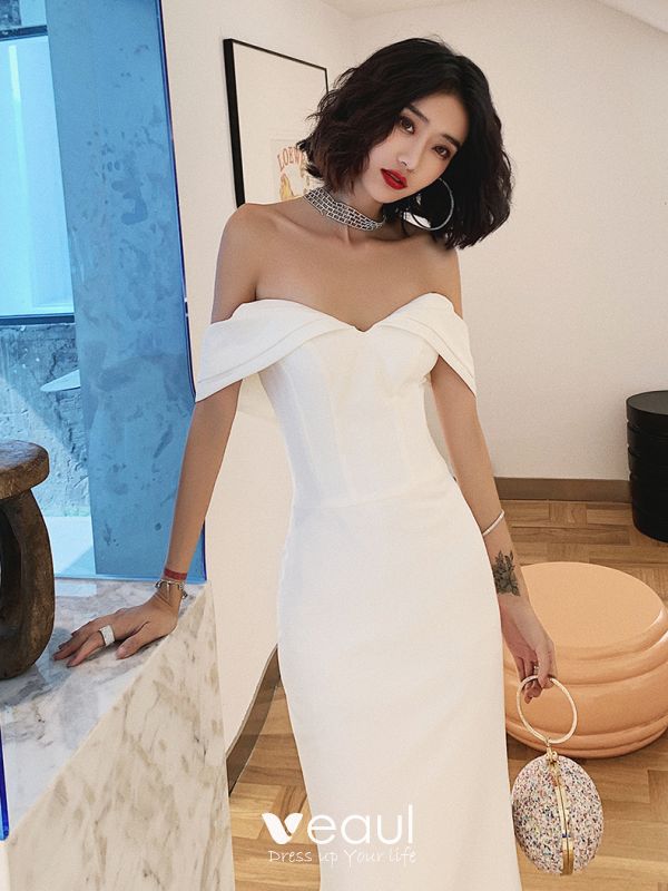 Sexy Ivory Evening Dresses 2022 Trumpet Mermaid Off-The-Shoulder Short  Sleeve Backless