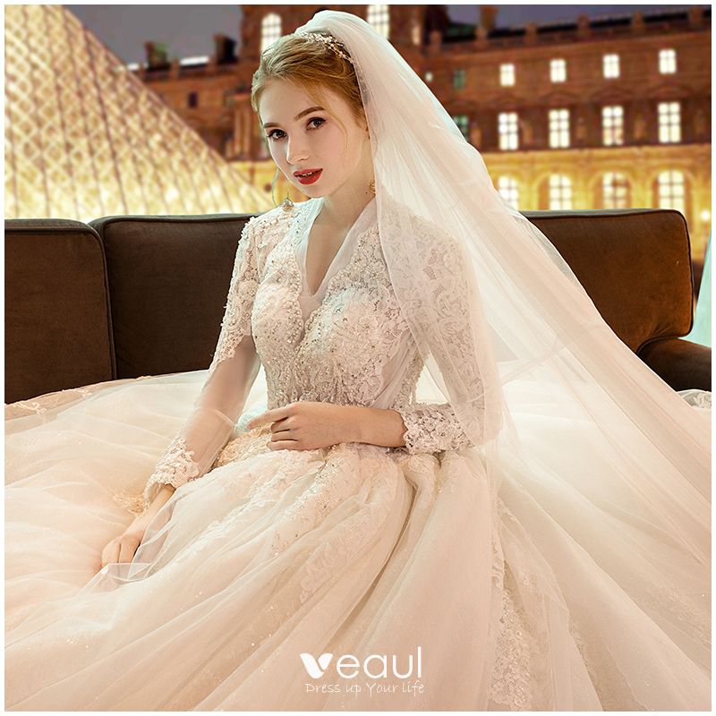 champagne wedding gowns with sleeves