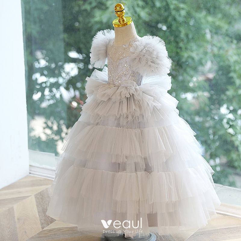 Chic Beautiful White Beading Star Sequins Cascading Ruffles Flower Girl  Dresses 2023