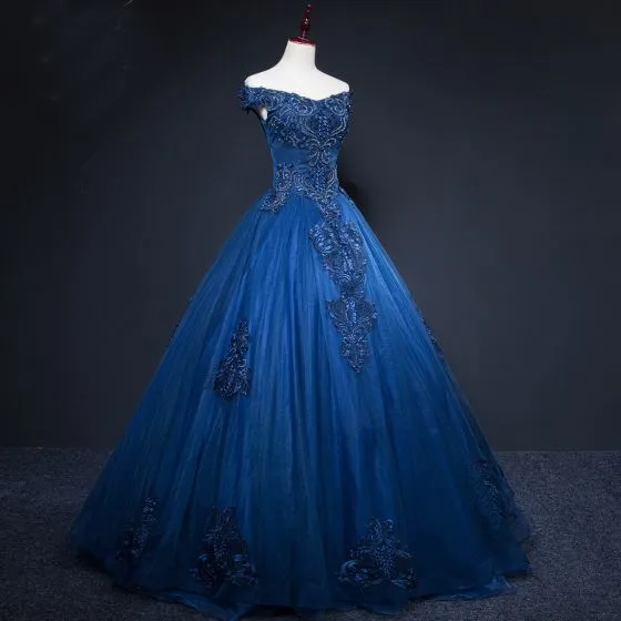 Vintage / Retro Navy Blue Prom Dresses 2019 A-Line / Princess Off-The ...