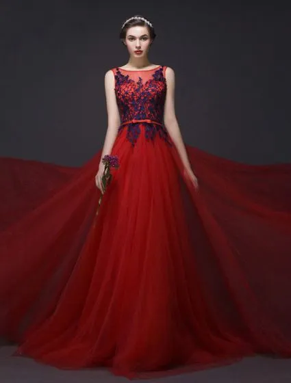Elegant Prom Dresses 2016 A-line Sleeveless Applique Royal Blue Lace ...
