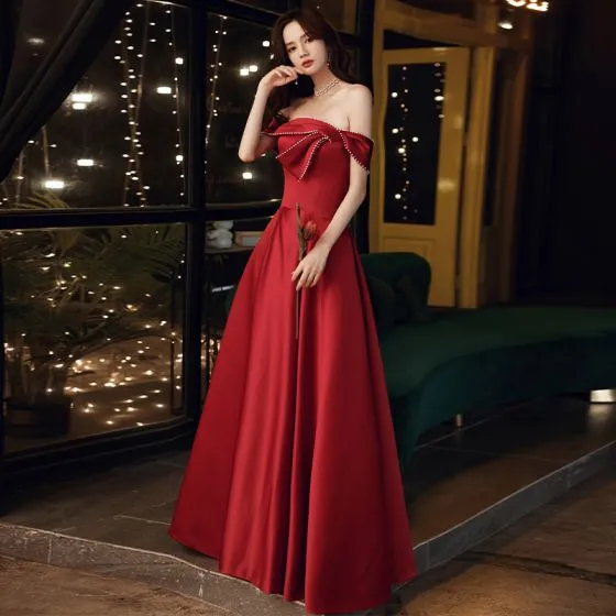 Chic / Beautiful Red Satin Dancing Prom Dresses 2021 A-Line / Princess ...