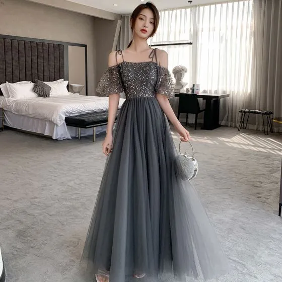 Chic / Beautiful Black Grey Bridesmaid Dresses 2021 A-Line / Princess ...