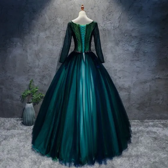 Classic Dark Green Prom Dresses 2017 Ball Gown Lace Flower Crystal ...