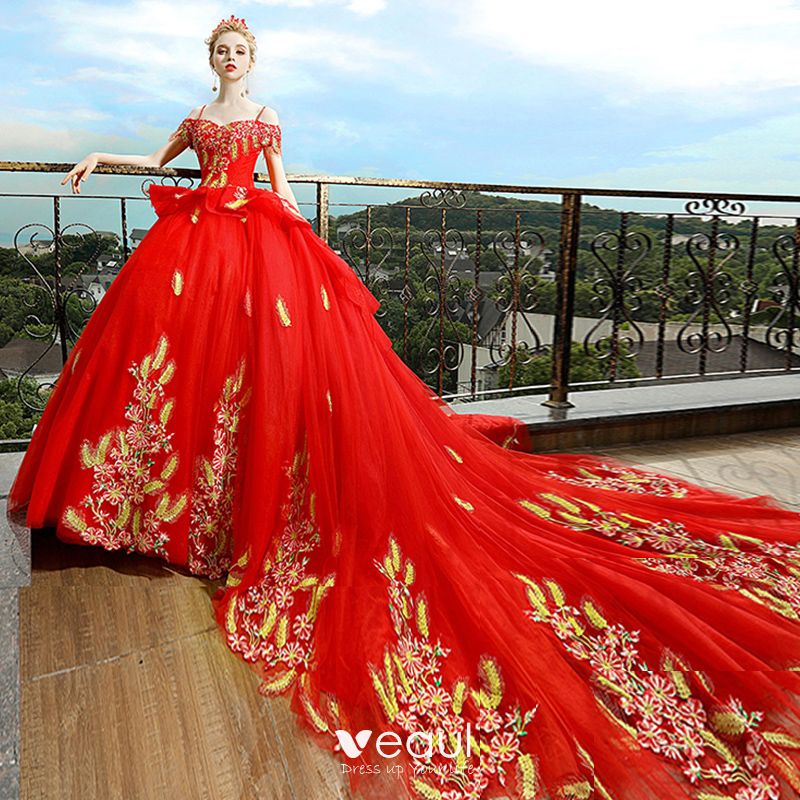 appetit børste Understrege Luxury / Gorgeous Red Wedding Dresses 2018 Ball Gown Off-The-Shoulder  Spaghetti Straps Short Sleeve Backless