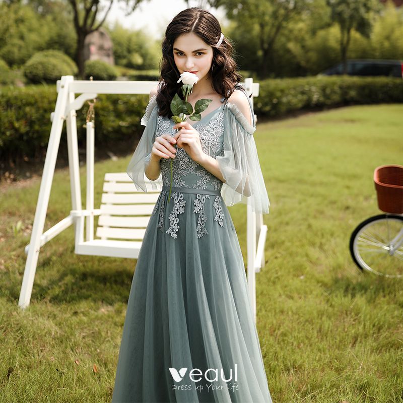 Modest / Simple Mint Green Lace Flower Bridesmaid Dresses 2021 A-Line ...