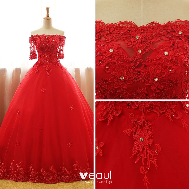 Chic / Beautiful Red Prom Dresses 2017 Ball Gown Off-The-Shoulder 1/2 ...