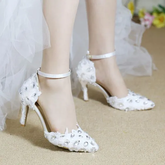 Chic / Beautiful White Wedding Shoes 2019 Crystal Lace Flower Ankle ...