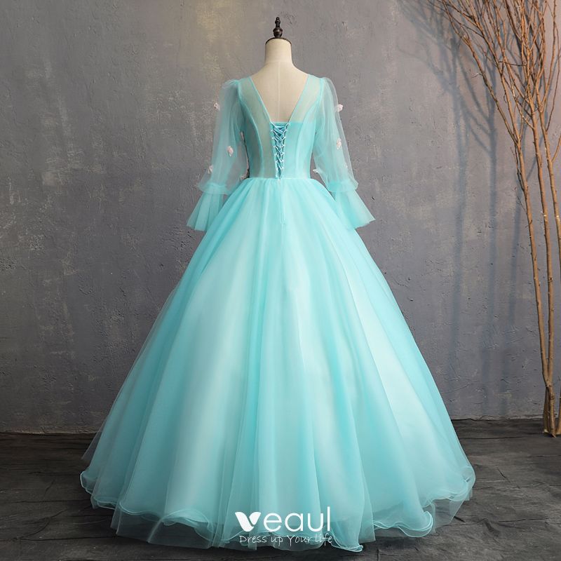 Chic / Beautiful Jade Green Prom Dresses 2019 A-Line / Princess V-Neck ...