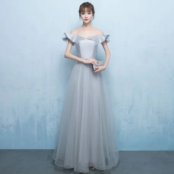 Elegant Grey Prom Dresses 2018 A-Line / Princess Off-The-Shoulder Short ...